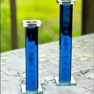 Gorgeous Blue glass & mirror candlesticks